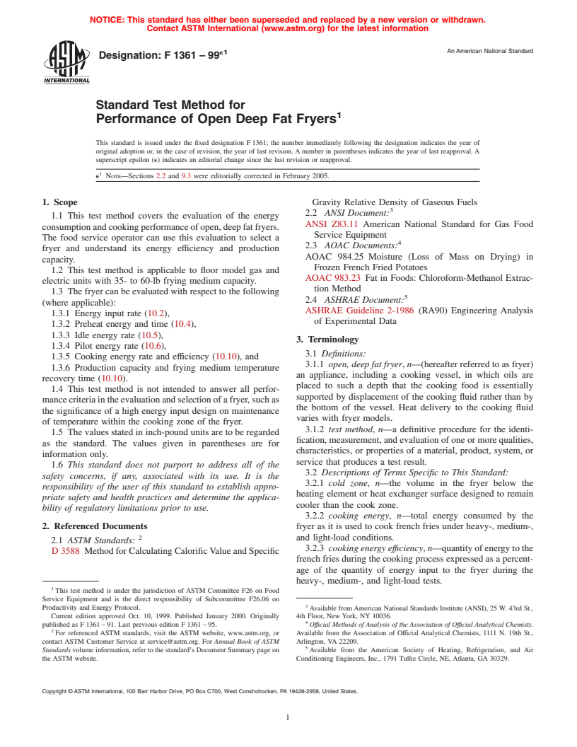 ASTM F1361-99e1 - Standard Test Method for Performance of Open Deep Fat Fryers