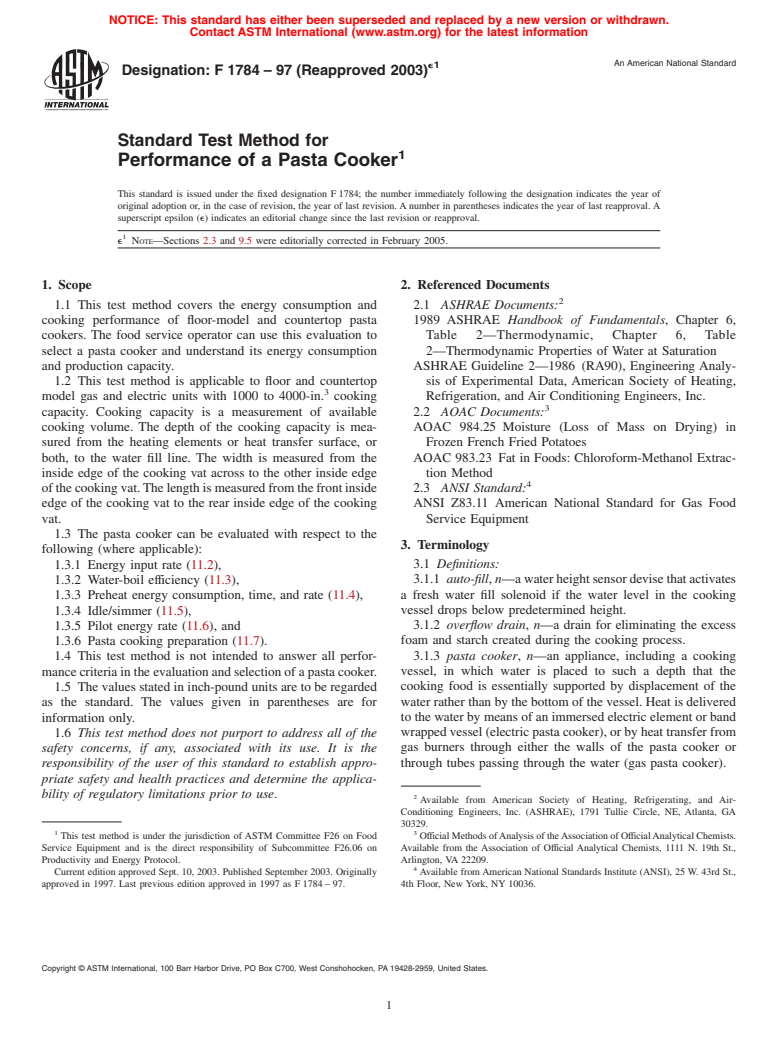 ASTM F1784-97(2003)e1 - Standard Test Method for Performance of a Pasta Cooker