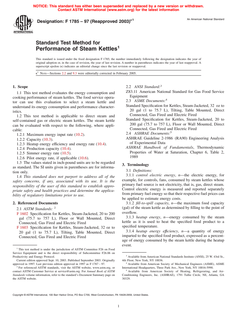 ASTM F1785-97(2003)e1 - Standard Test Method for Performance of Steam Kettles