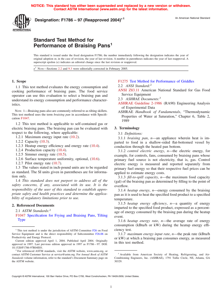 ASTM F1786-97(2004)e1 - Standard Test Method for Performance of Braising Pans