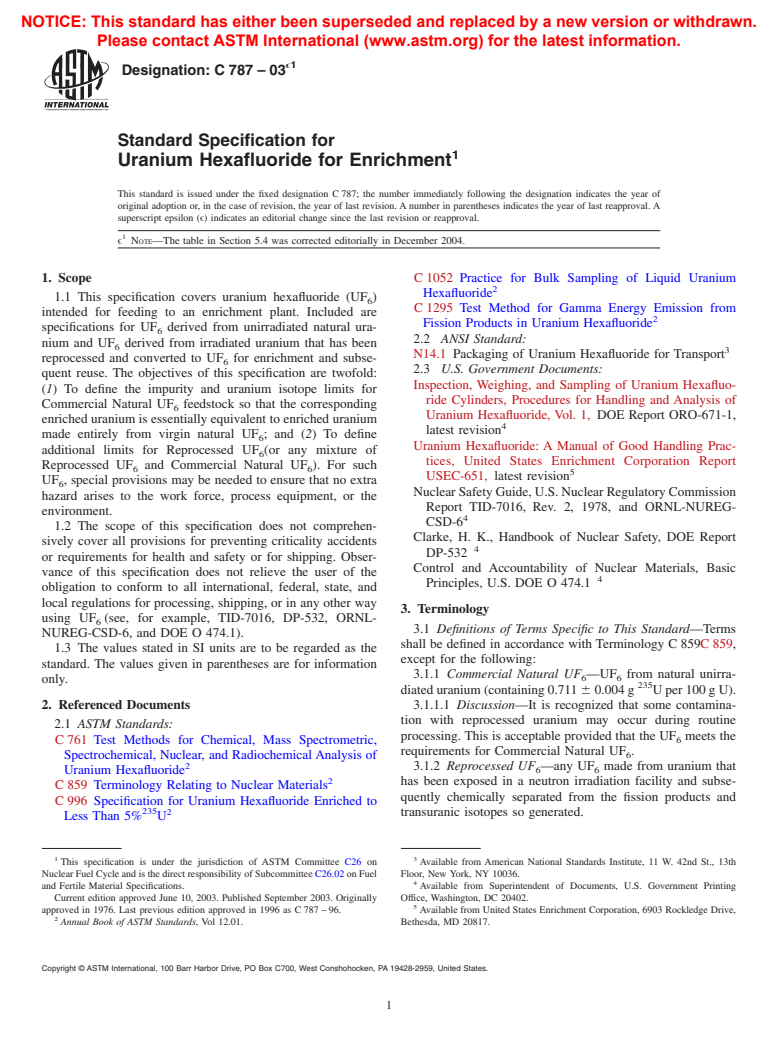 ASTM C787-03e1 - Standard Specification for Uranium Hexafluoride for Enrichment