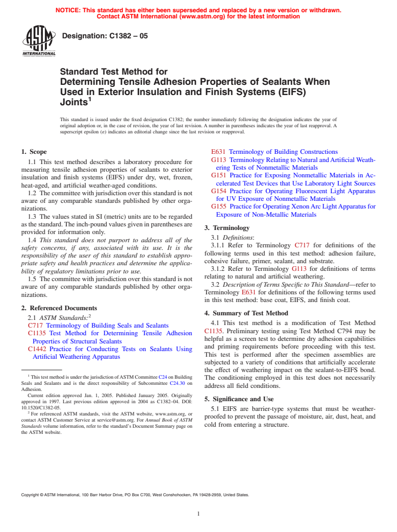 ASTM C1382-05 - Test Method for Determining Tensile Adhesion Properties of Sealants When Used in Exterior Insulation and Finish Systems (EIFS) Joints