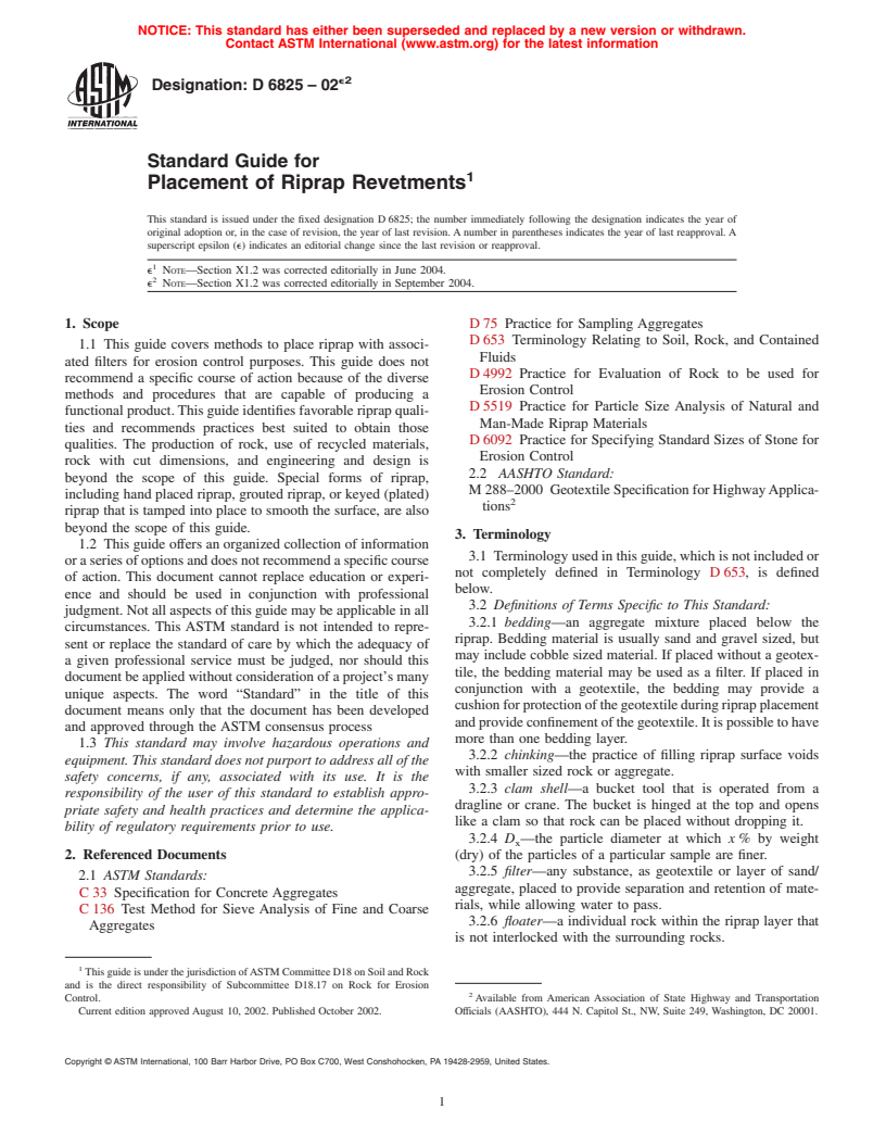 ASTM D6825-02e2 - Standard Guide for Placement of Riprap Revetments