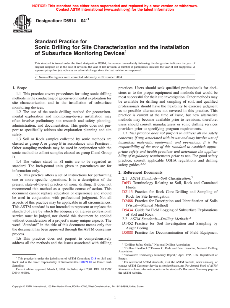 ASTM D6914-04e1 - Standard Practice for Sonic Drilling for Site Characterization and the Installation of Subsurface Monitoring Devices