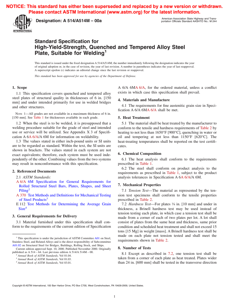 ASTM A514/A514M-00a - Standard Specification for High-Yield-Strength, Quenched and Tempered Alloy Steel Plate, Suitable for Welding