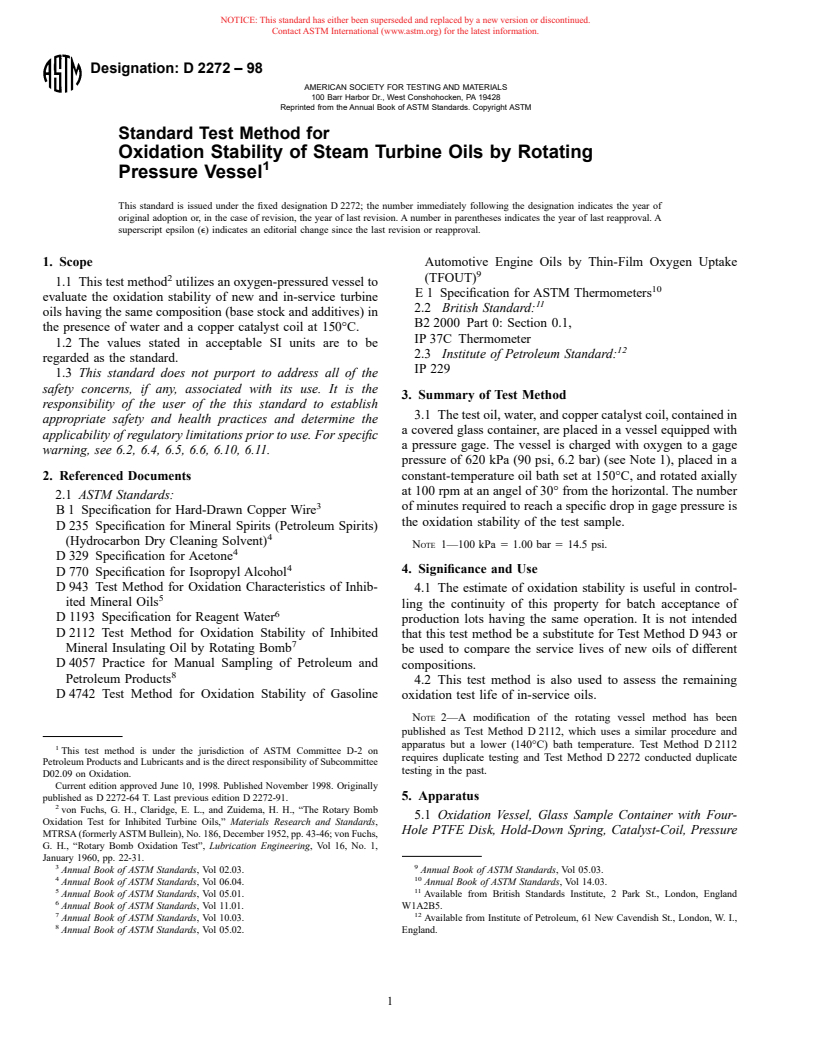ASTM D2272-98 - Standard Test Method for Oxidation Stability of Steam Turbine Oils by Rotating Pressure Vessel