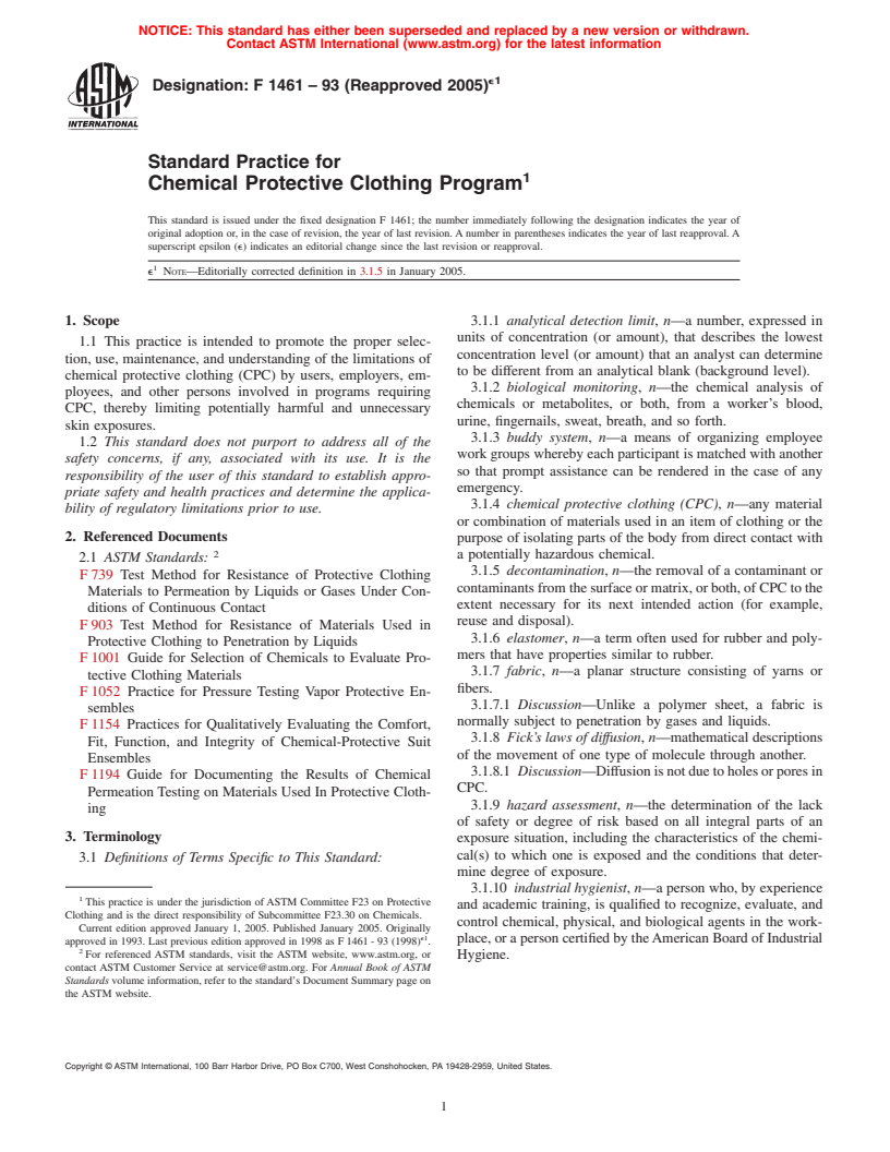 ASTM F1461-93(2005)e1 - Standard Practice for Chemical Protective Clothing Program