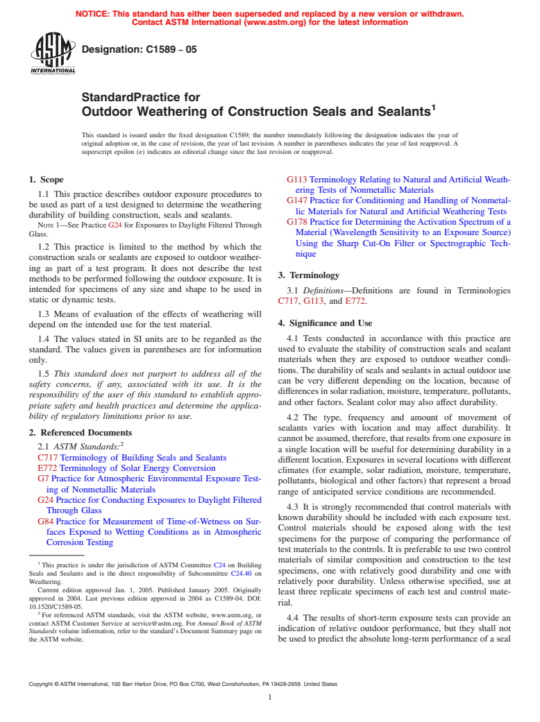 ASTM C1589-05 - Standard Practice for Outdoor Weathering of Construction Seals and Sealants