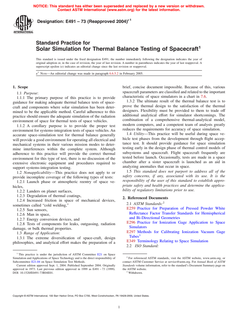 ASTM E491-73(2004)e1 - Standard Practice for Solar Simulation for Thermal Balance Testing of Spacecraft