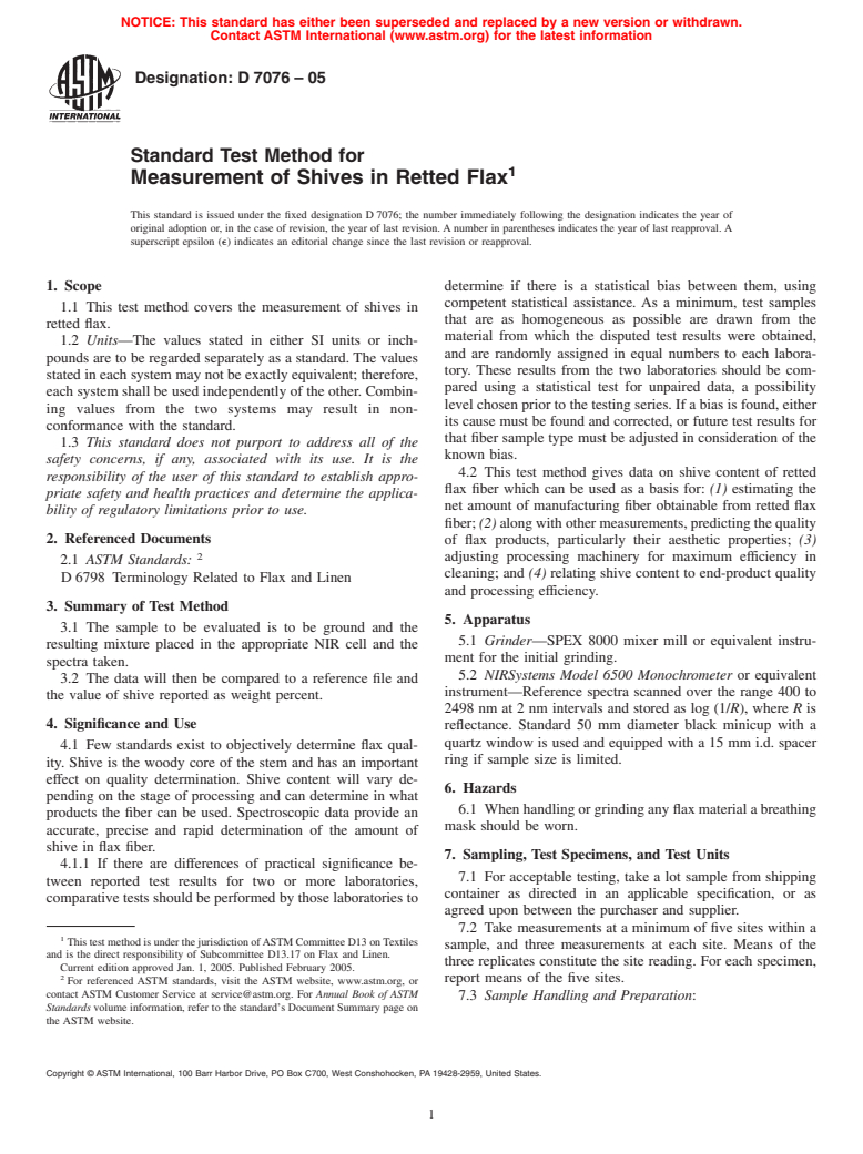 ASTM D7076-05 - Standard Test Method for Measurement of Shives in Retted Flax