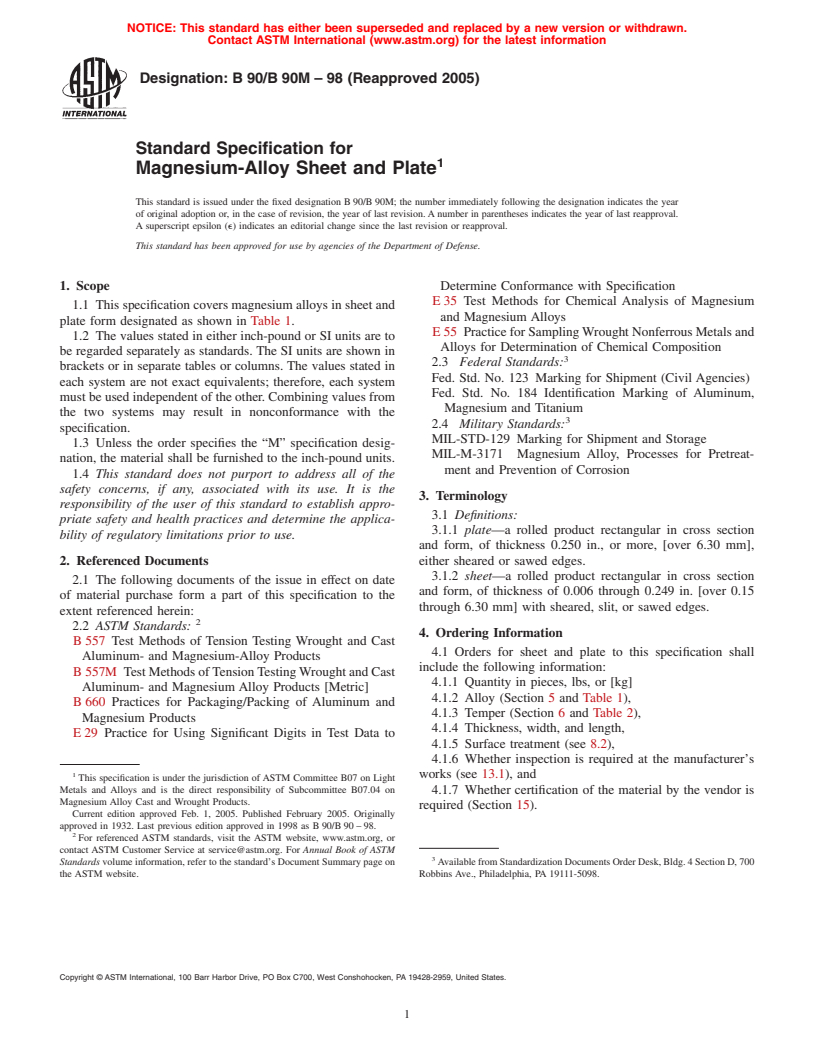 ASTM B90/B90M-98(2005) - Standard Specification for Magnesium-Alloy Sheet and Plate