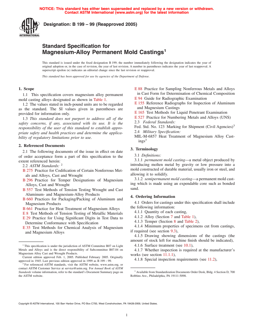 ASTM B199-99(2005) - Standard Specification for Magnesium-Alloy Permanent Mold Castings