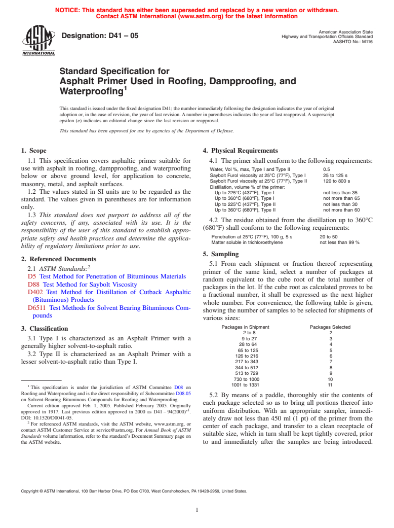 ASTM D41-05 - Standard Specification for Asphalt Primer Used in Roofing, Dampproofing, and Waterproofing