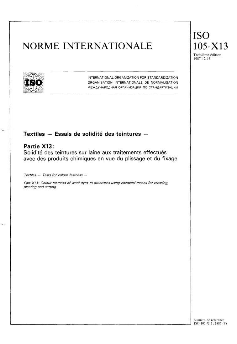 ISO 105-X13:1987 - Textiles — Tests for colour fastness — Part X13: Colour fastness of wool dyes to processes using chemical means for creasing, pleating and setting
Released:12/17/1987