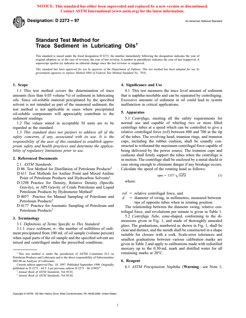 ASTM D2273-97 - Standard Test Method for Trace Sediment in Lubricating Oils