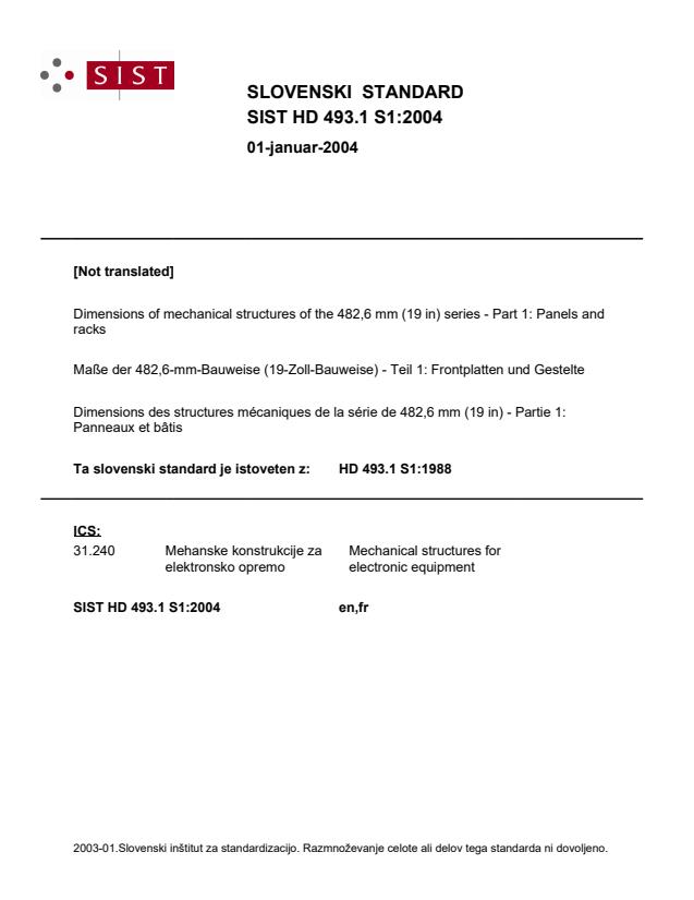HD 493.1 S1:2004 - IEC 60297-1:1986 je razveljavljen (ima pretisk Withdrawn)