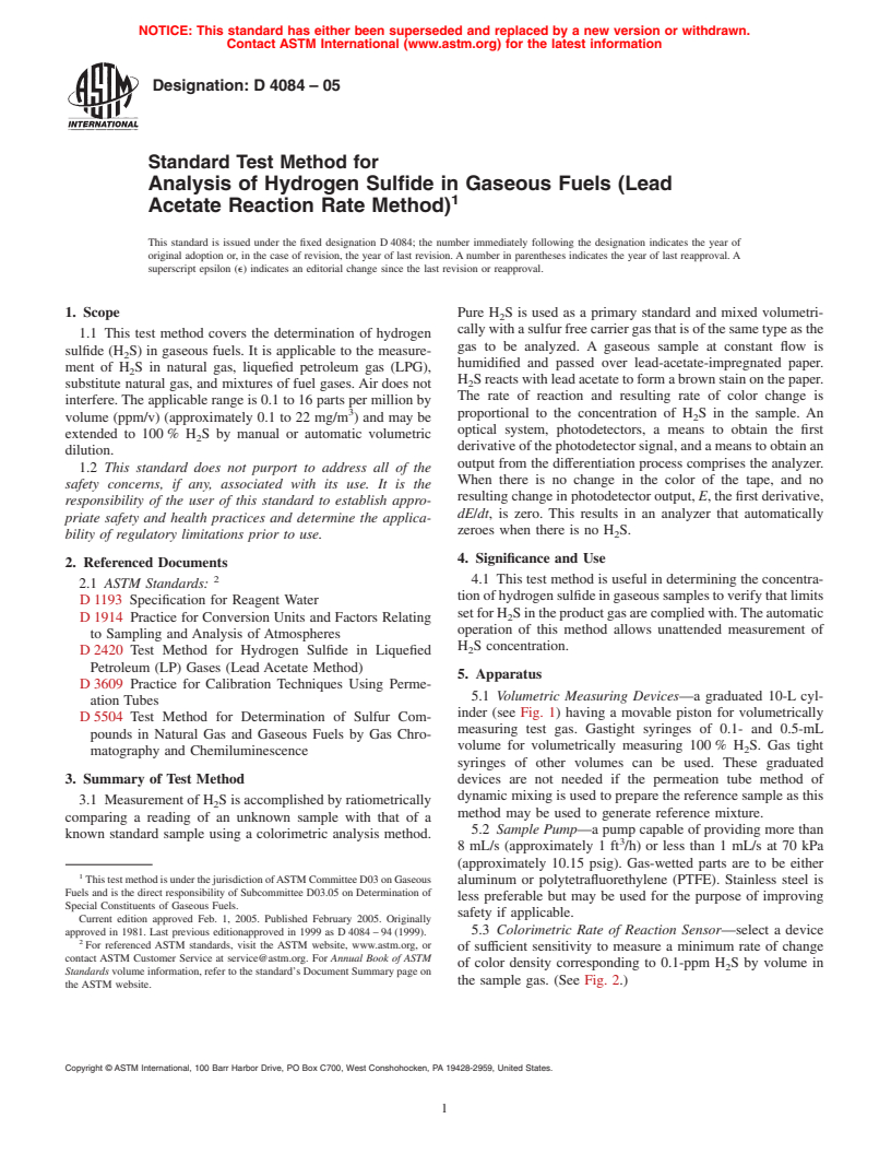 ASTM D4084-05 - Standard Test Method for Analysis of Hydrogen Sulfide in Gaseous Fuels (Lead Acetate Reaction Rate Method)