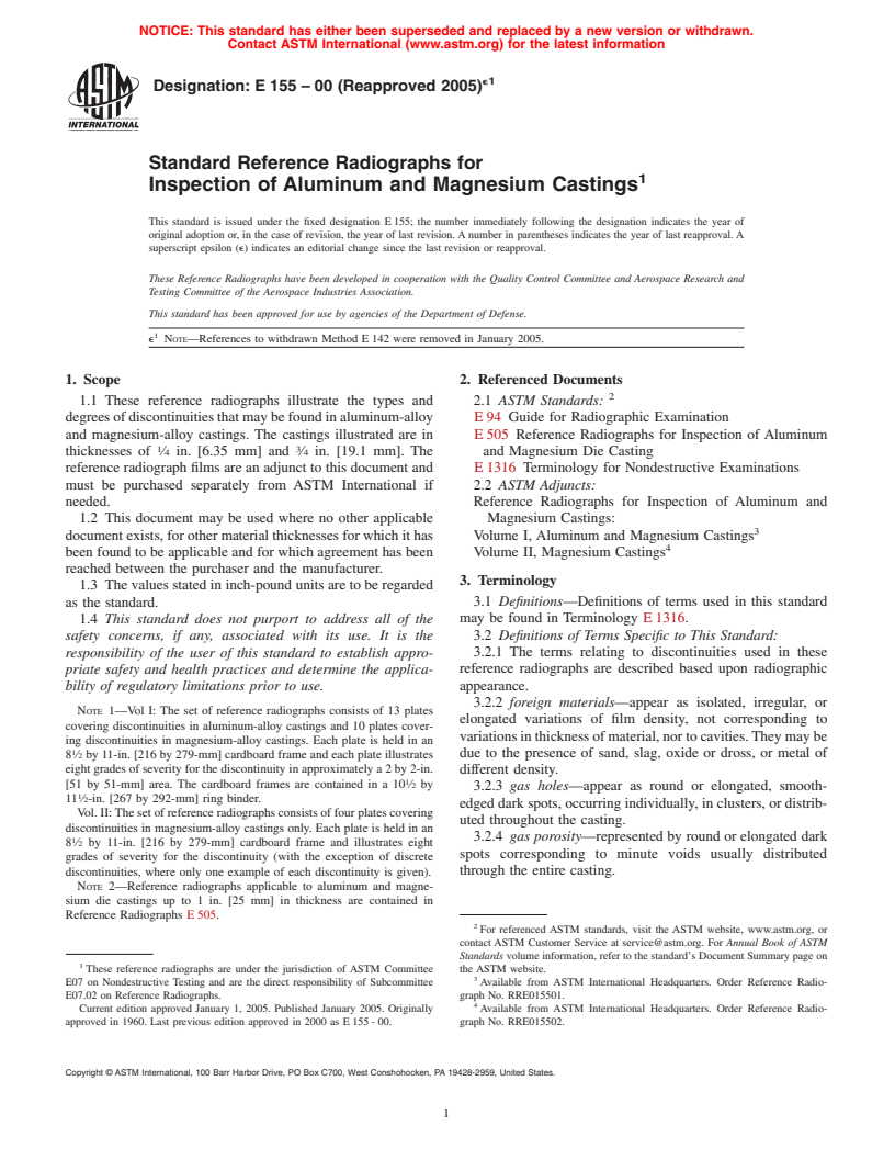 ASTM E155-00(2005)e1 - Standard Reference Radiographs for Inspection of Aluminum and Magnesium Castings