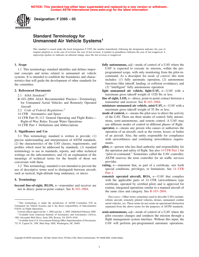 ASTM F2395-05 - Standard Terminology for Unmanned Air Vehicle Systems