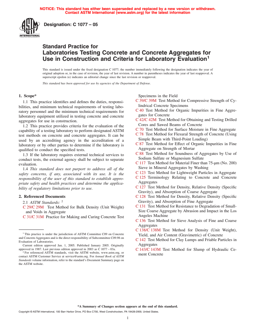 ASTM C1077-05 - Standard Practice for Laboratories Testing Concrete and Concrete Aggregates for Use in Construction and Criteria for Laboratory Evaluation