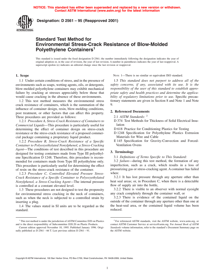 ASTM D2561-95(2001) - Standard Test Method for Environmental Stress-Crack Resistance of Blow-Molded Polyethylene Containers