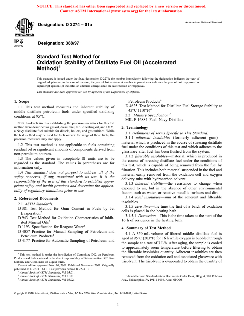 ASTM D2274-01a - Standard Test Method for Oxidation Stability of Distillate Fuel Oil (Accelerated Method)