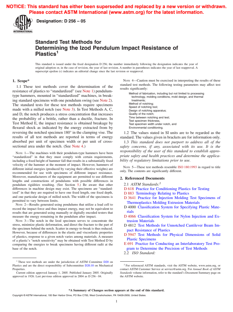 ASTM D256-05 - Standard Test Methods for Determining the Izod Pendulum Impact Resistance of Plastics