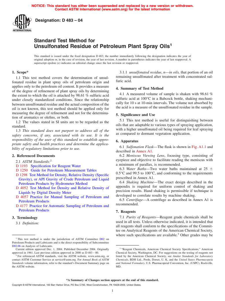 ASTM D483-04 - Standard Test Method for Unsulfonated Residue of Petroleum Plant Spray Oils