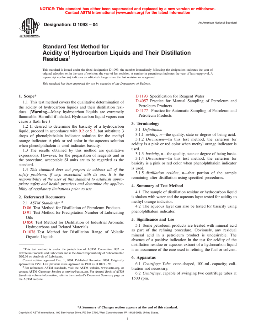 ASTM D1093-04 - Standard Test Method for Acidity of Hydrocarbon Liquids and Their Distillation Residues