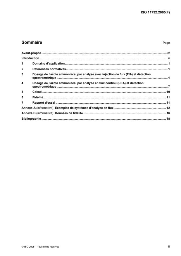 ISO 11732:2005 - Qualité de l'eau -- Dosage de l'azote ammoniacal -- Méthode par analyse en flux (CFA et FIA) et détection spectrométrique