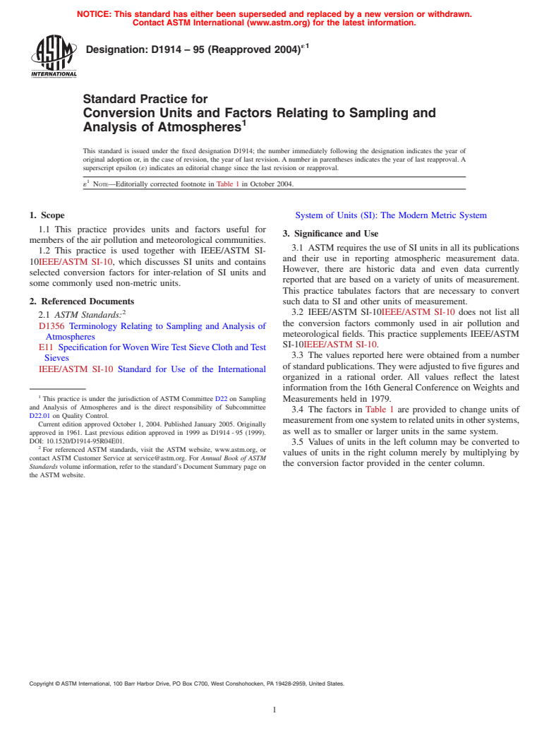 ASTM D1914-95(2004)e1 - Standard Practice for Conversion Units and Factors Relating to Sampling and Analysis of Atmospheres