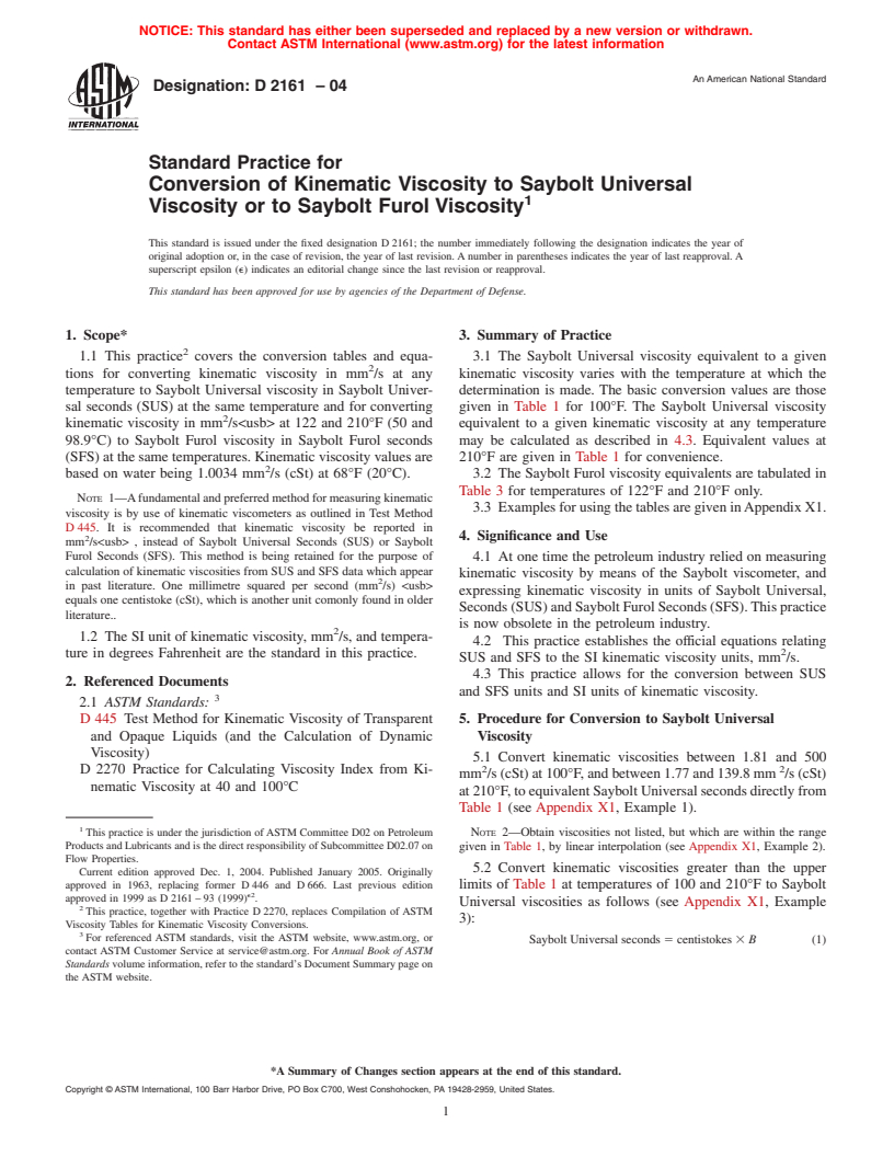 ASTM D2161-04 - Standard Practice for Conversion of Kinematic Viscosity to Saybolt Universal Viscosity or to Saybolt Furol Viscosity