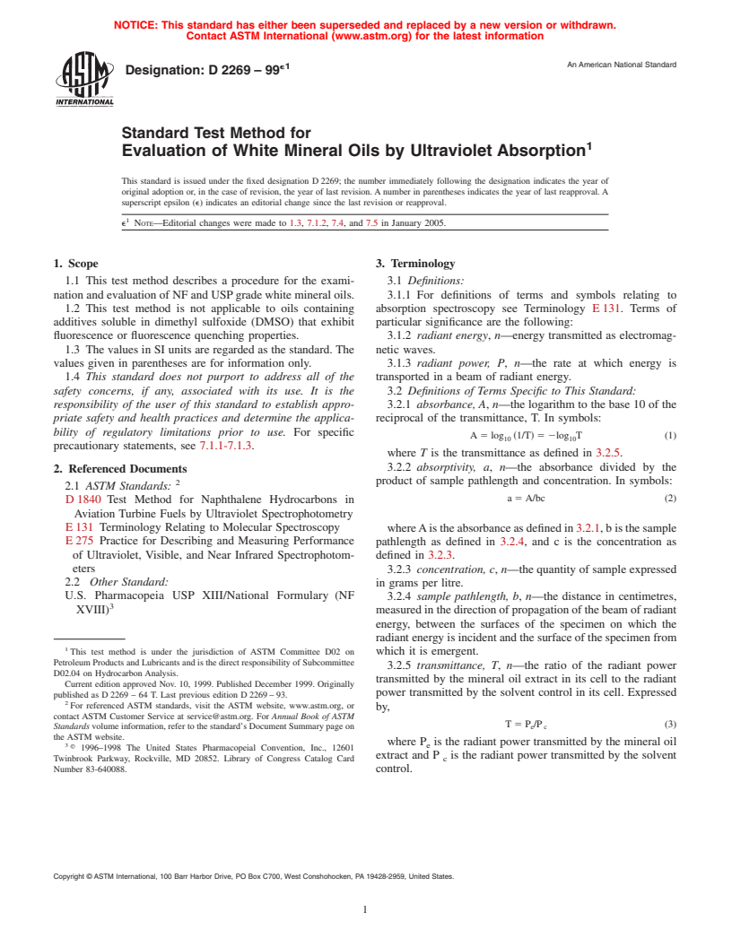 ASTM D2269-99e1 - Standard Test Method for Evaluation of White Mineral Oils by Ultraviolet Absorption