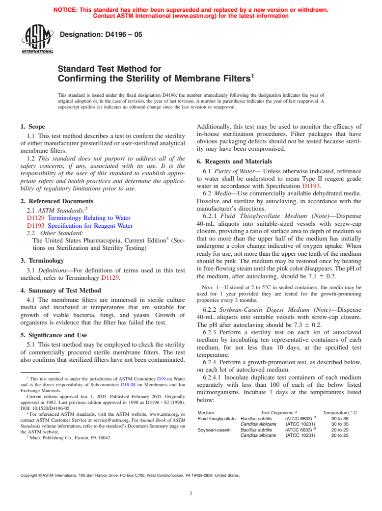 ASTM D4196-05 - Standard Test Method for Confirming the Sterility of Membrane Filters