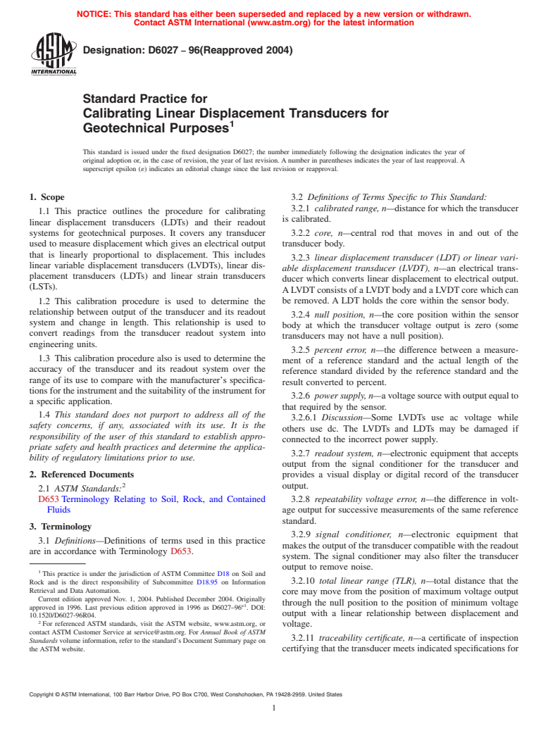 ASTM D6027-96(2004) - Standard Test Method for Calibrating Linear Displacement Transducers for Geotechnical Purposes (Withdrawn 2013)