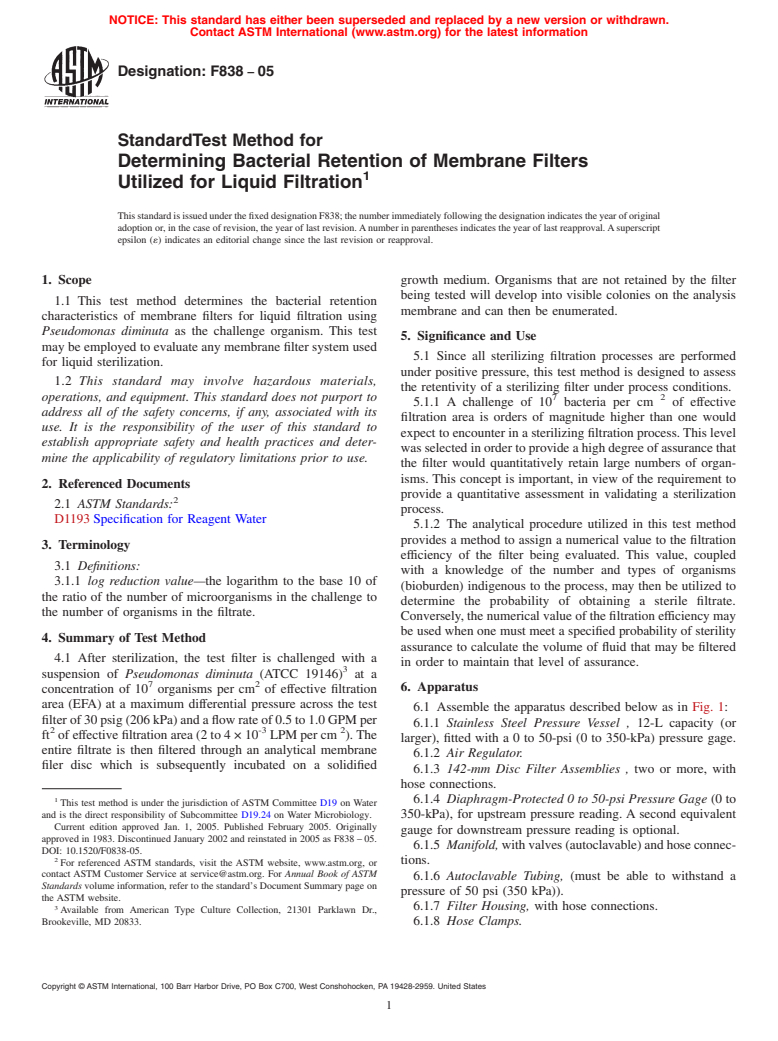 ASTM F838-05 - Standard Test Method for Determining Bacterial Retention of Membrane Filters Utilized for Liquid Filtration