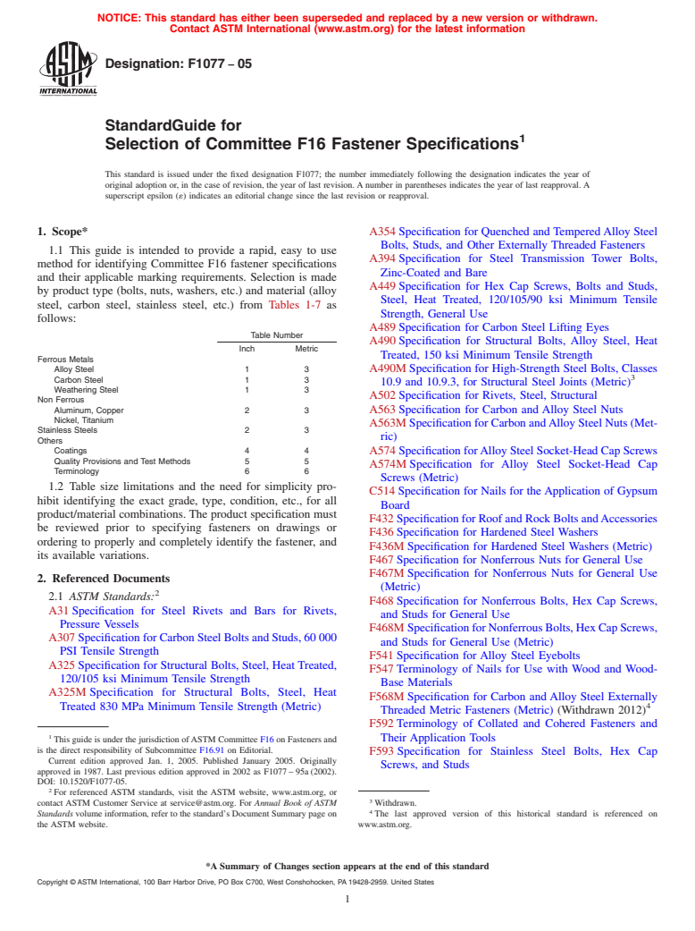 ASTM F1077-05 - Standard Guide for Selection of Committee F16 Fastener Specifications (Withdrawn 2014)