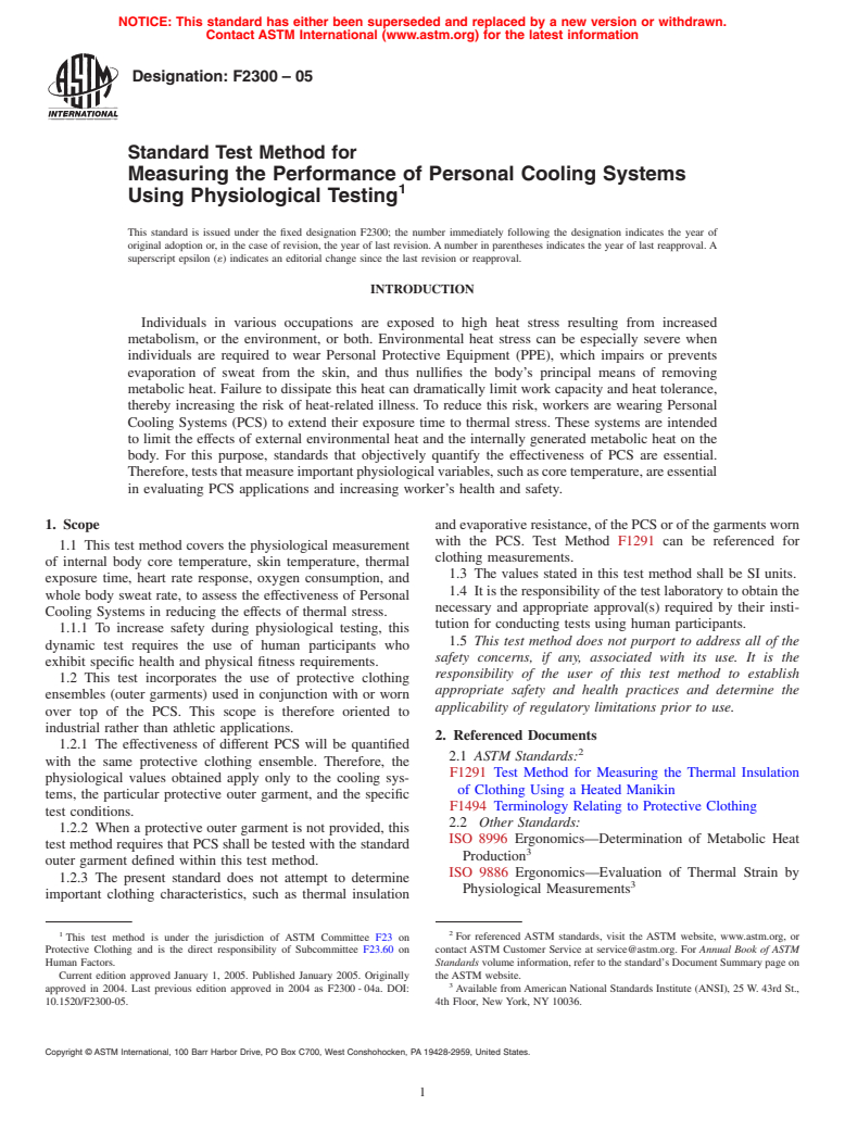 ASTM F2300-05 - Standard Test Method for Measuring the Performance of Personal Cooling Systems Using Physiological Testing