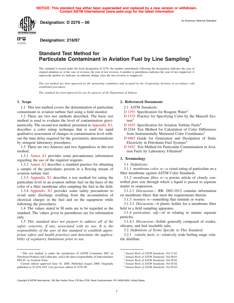 ASTM D2276-00 - Standard Test Method for Particulate Contaminant in Aviation Fuel by Line Sampling