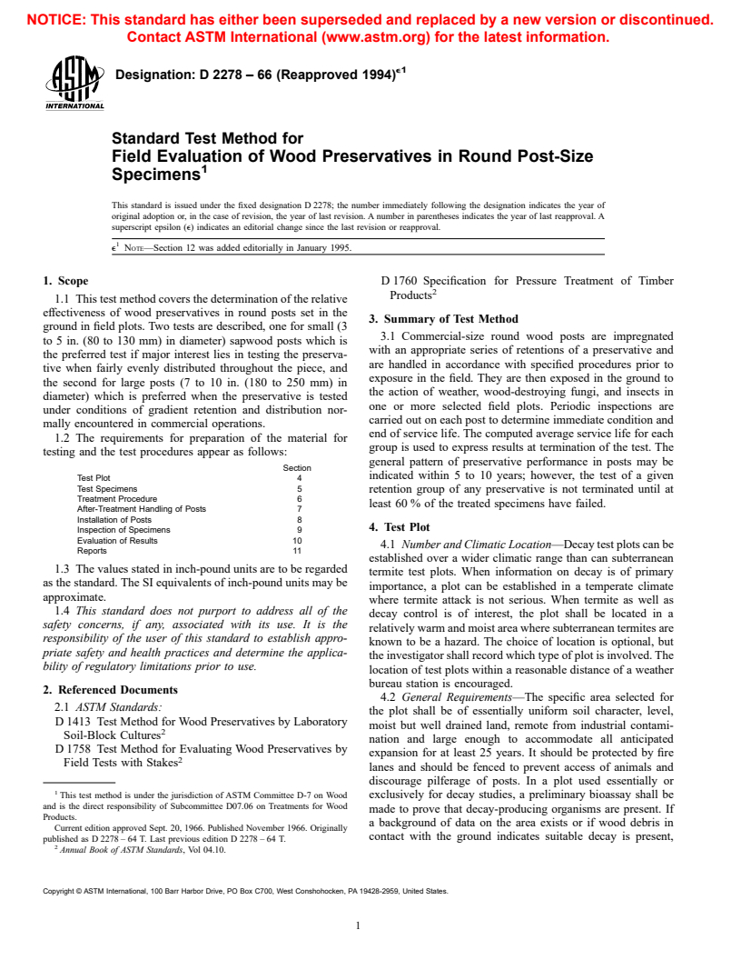 ASTM D2278-66(1994)e1 - Standard Test Method for Field Evaluation of Wood Preservatives in Round Post-Size Specimens