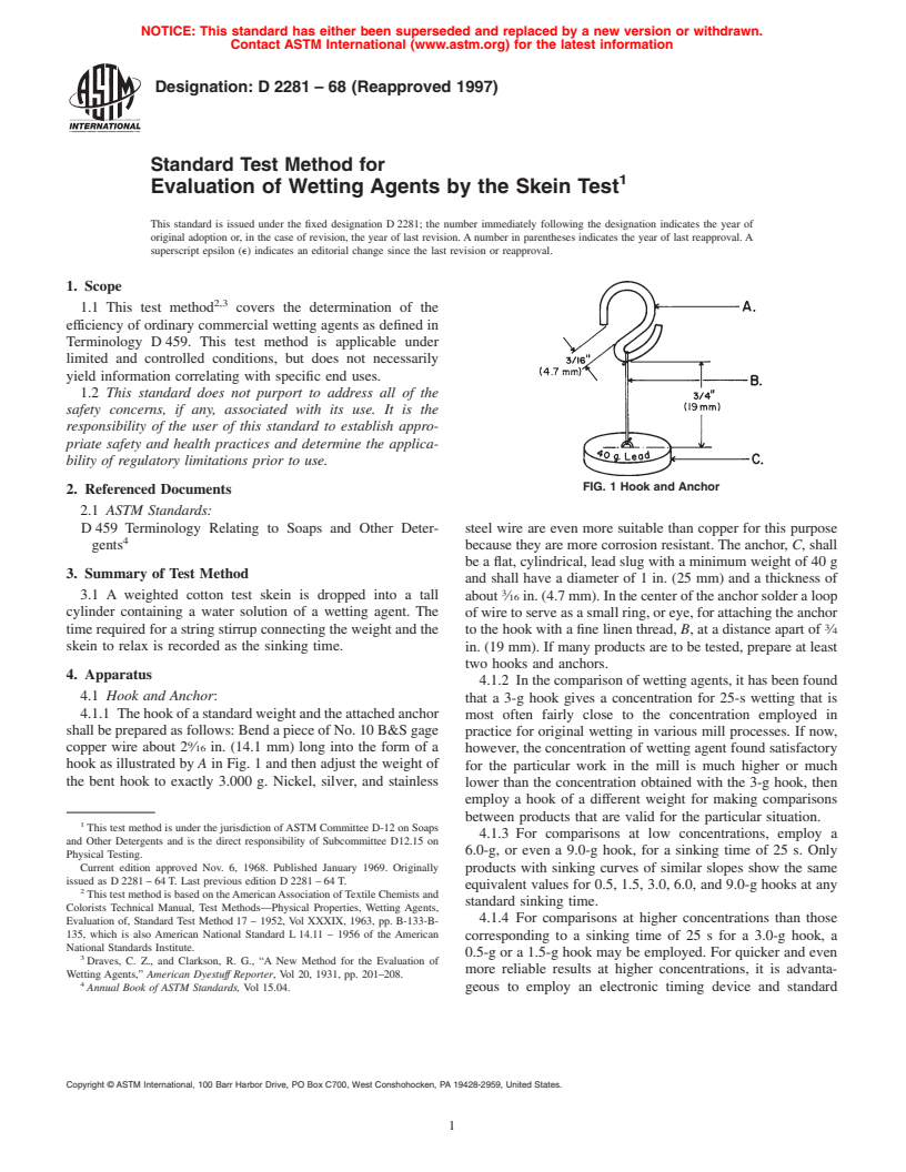 ASTM D2281-68(1997) - Standard Test Method for Evaluation of Wetting Agents by the Skein Test