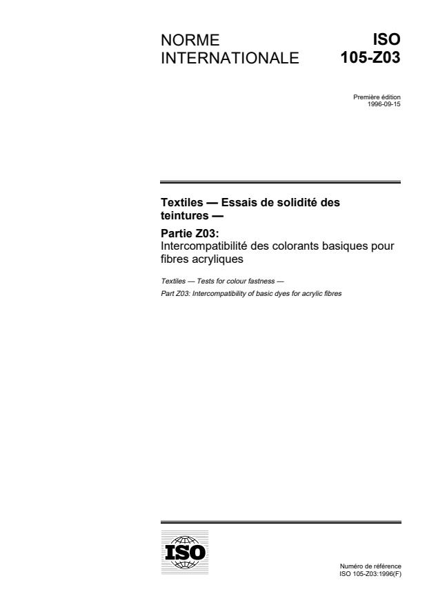 ISO 105-Z03:1996 ISO 105-Z03:1996 - Textiles — Essais de solidité des teintures — Partie Z03: Intercompatibilité des colorants basiques pour fibres acryliques
Released:1/29/1998 - Page 1 preview