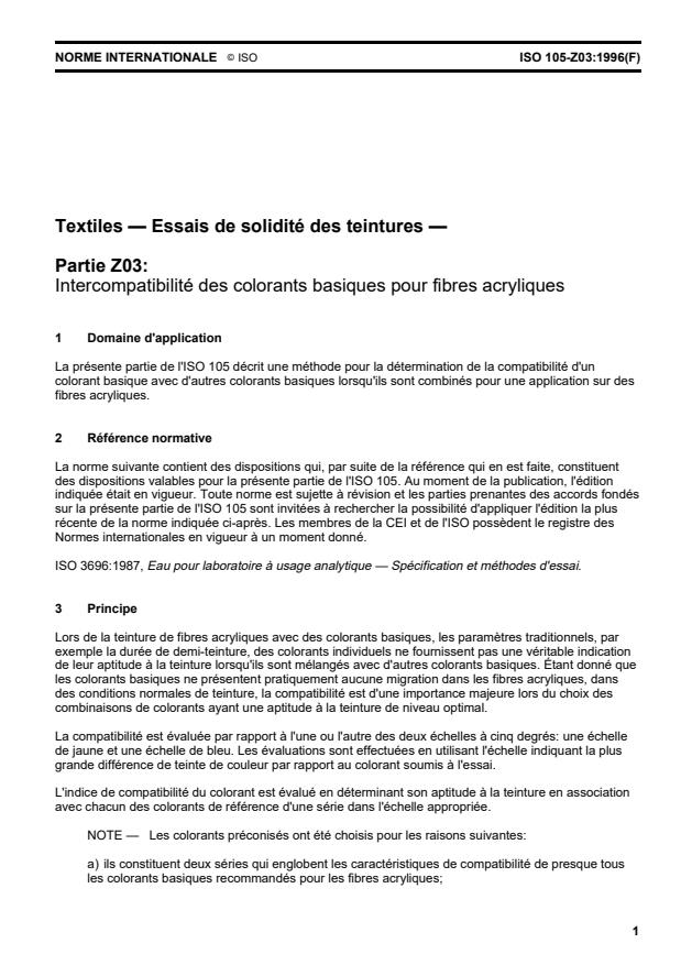ISO 105-Z03:1996 ISO 105-Z03:1996 - Textiles — Essais de solidité des teintures — Partie Z03: Intercompatibilité des colorants basiques pour fibres acryliques
Released:1/29/1998 - Page 3 preview