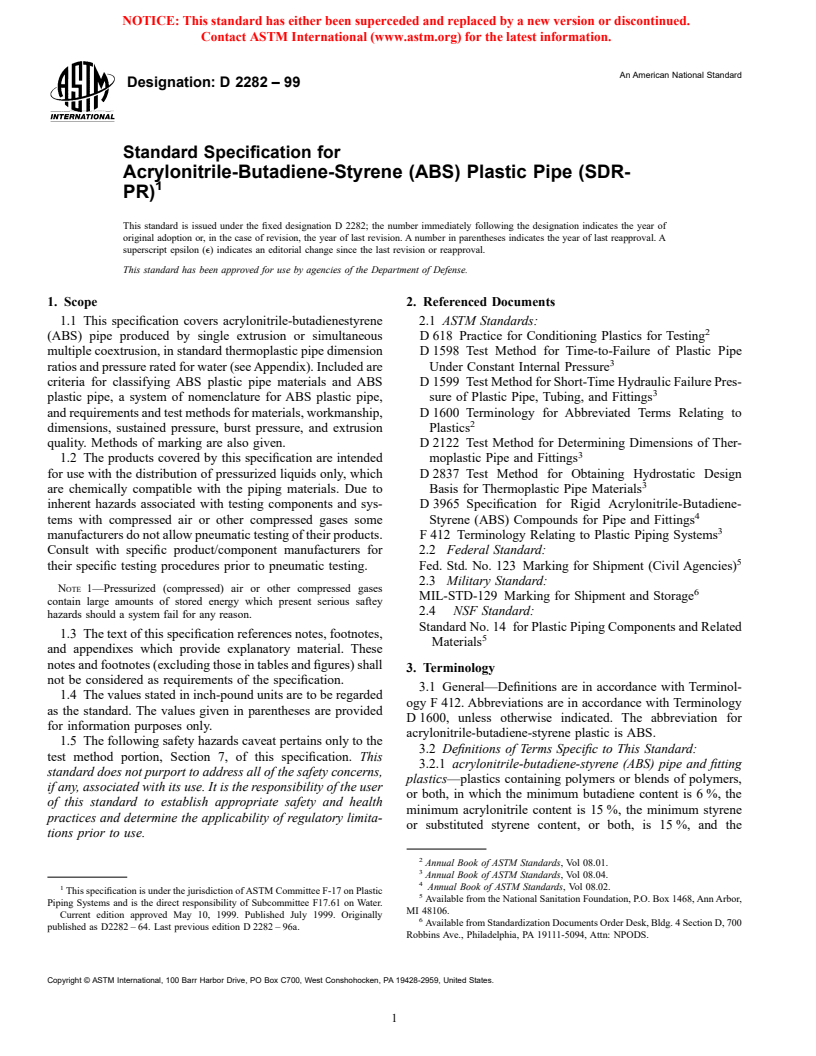 ASTM D2282-99 - Standard Specification for Acrylonitrile-Butadiene-Styrene (ABS) Plastic Pipe (SDR-PR)