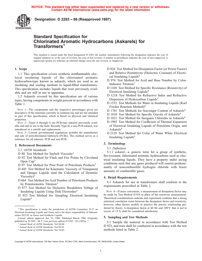 ASTM D2283-86(1997) - Standard Specification for Chlorinated Aromatic Hydrocarbons (Askarels) for Transformers (Withdrawn 2004)