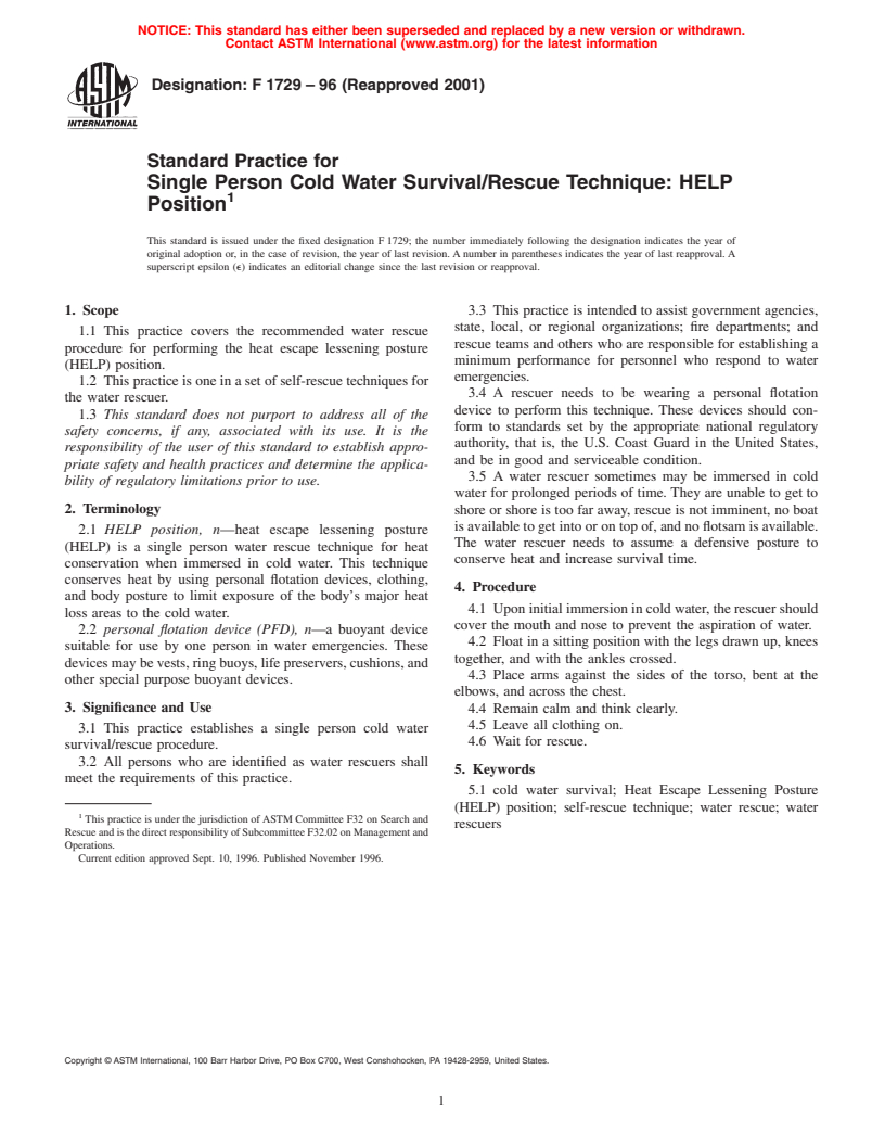 ASTM F1729-96(2001) - Standard Practice for Single Person Cold Water Survival/Rescue Technique: HELP Position