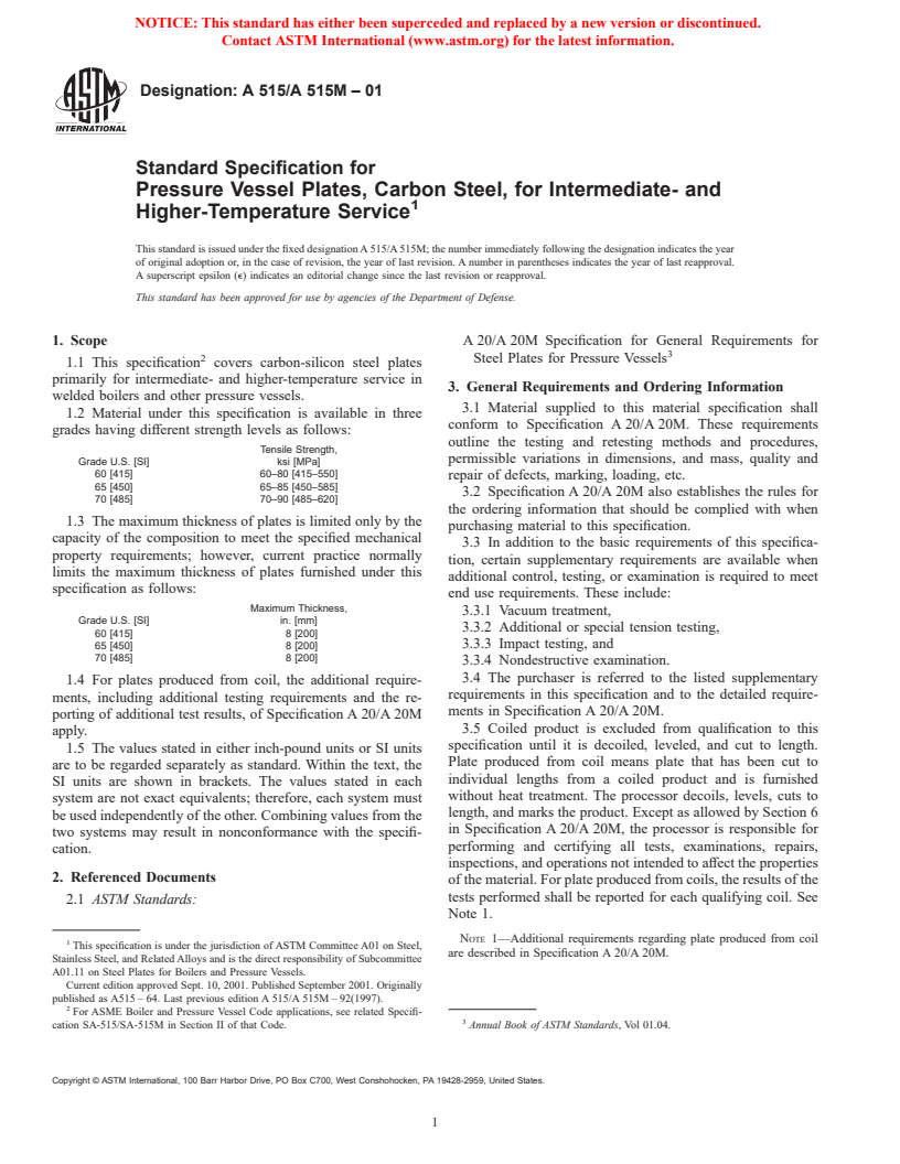 ASTM A515/A515M-01 - Standard Specification for Pressure Vessel Plates, Carbon Steel, for Intermediate- and Higher-Temperature Service