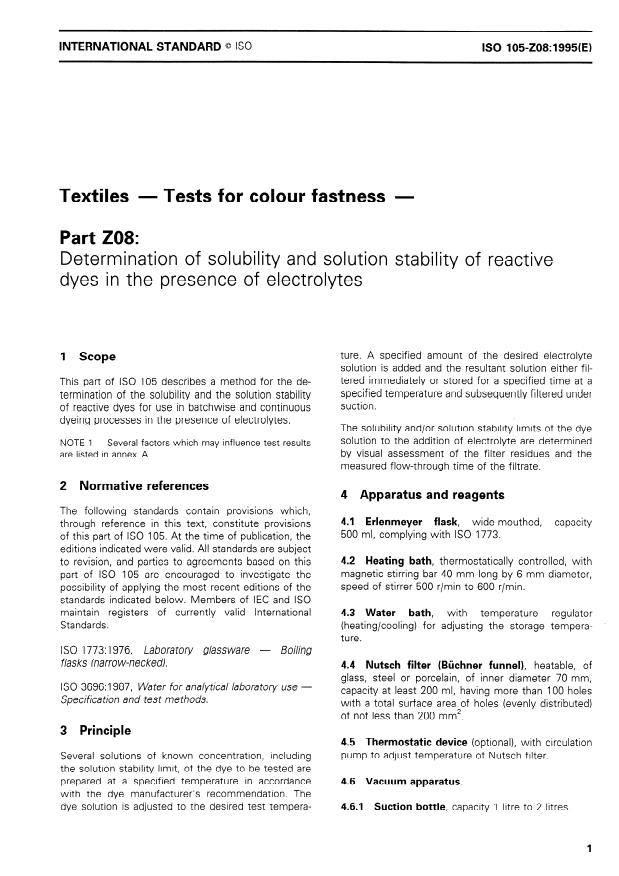 ISO 105-Z08:1995 ISO 105-Z08:1995 - Textiles — Tests for colour fastness — Part Z08: Determination of solubility and solution stability of reactive dyes in the presence of electrolytes
Released:6/1/1995 - Page 3 preview
