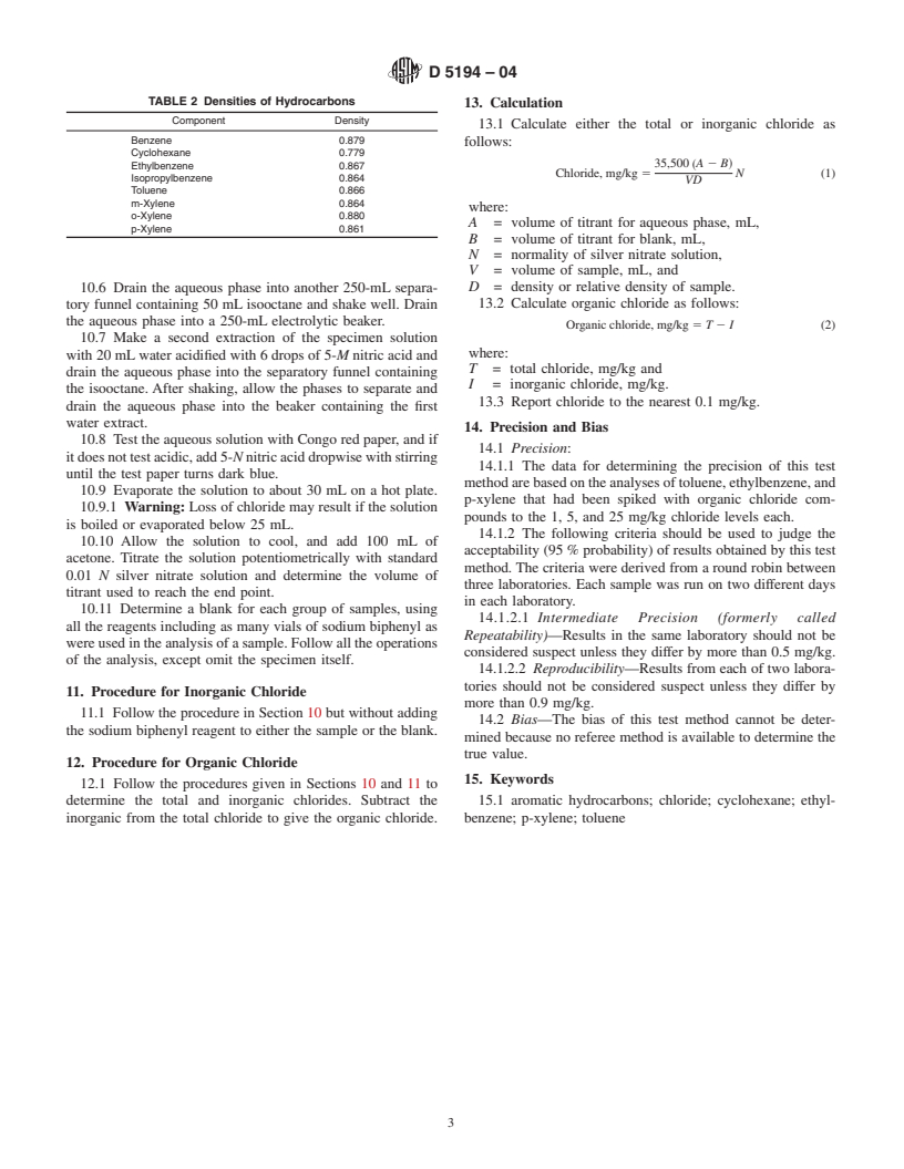 ASTM D5194-04 - Standard Test Method for Trace Chloride in Liquid Aromatic Hydrocarbons