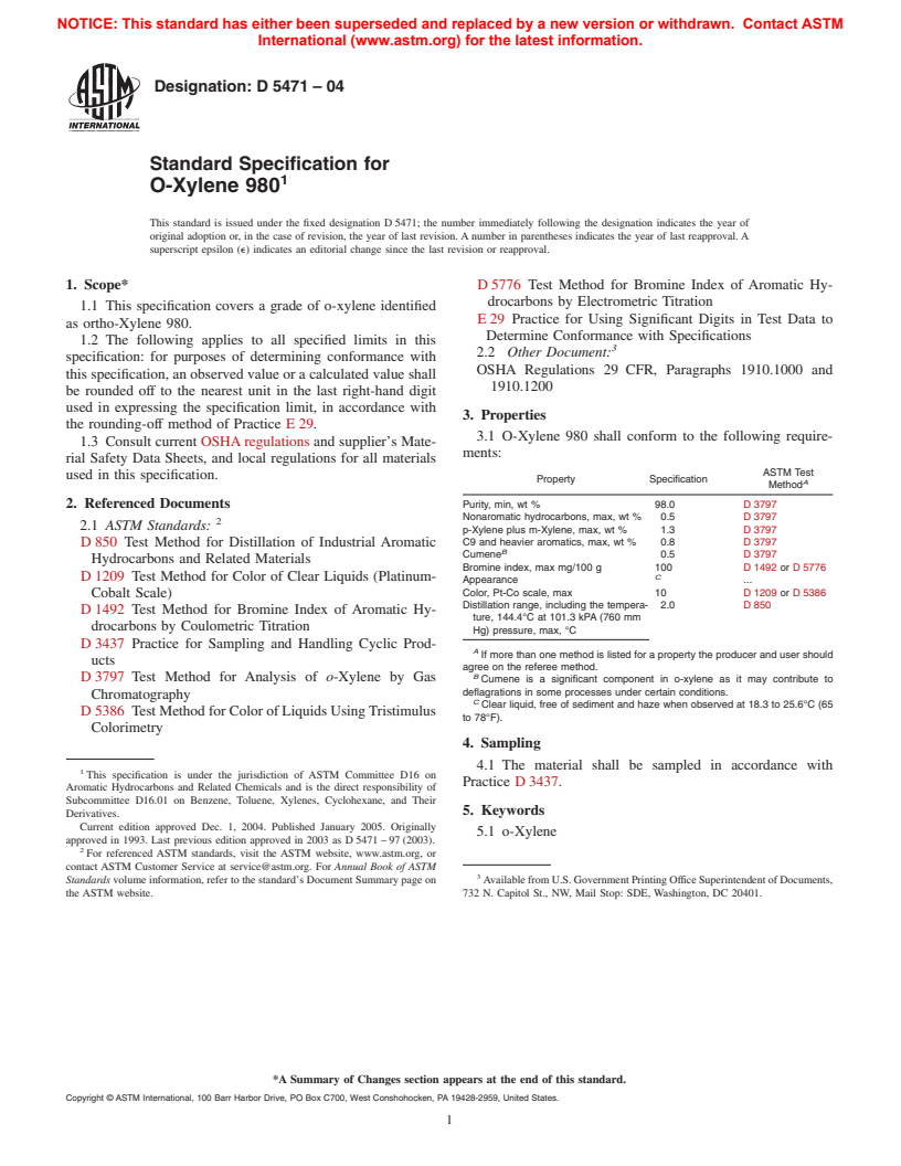 ASTM D5471-04 - Standard Specification for O-Xylene 980